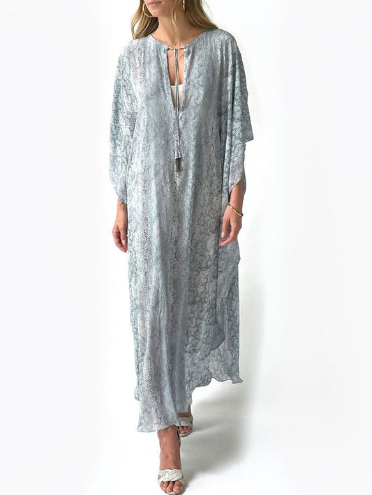 Vacances Tessa Snake Print Silk Crepe Caftan- Sea Foam