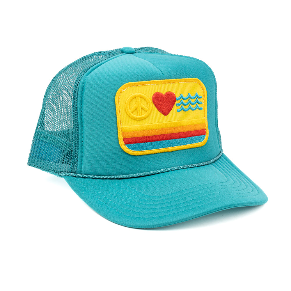 PEACE LOVE & WAVES PATCH TRUCKER HAT