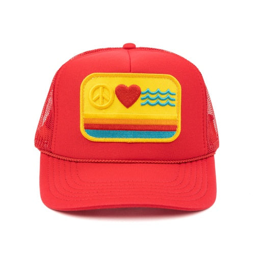 PEACE LOVE & WAVES PATCH TRUCKER HAT